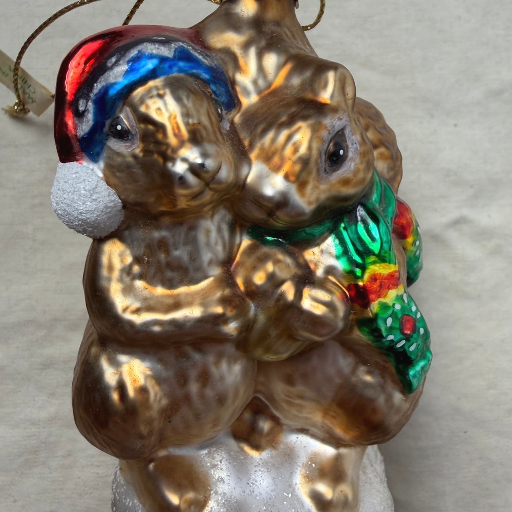 VTG Glass Squirrel Ornament Two Squirrels on Acorn Santa Christmas Tree‎ Animals
